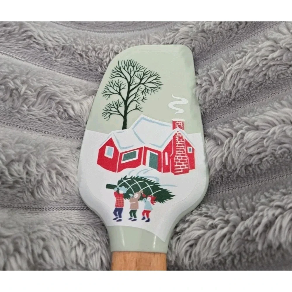 Christmas Themed 12 inch Silicone Spatula with Beechwood Handle Cabin in Woods